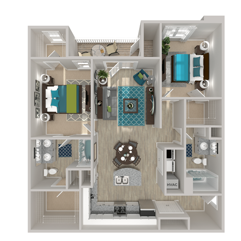 Floor plan for 2 beds, 2 baths, 1330 sqft
